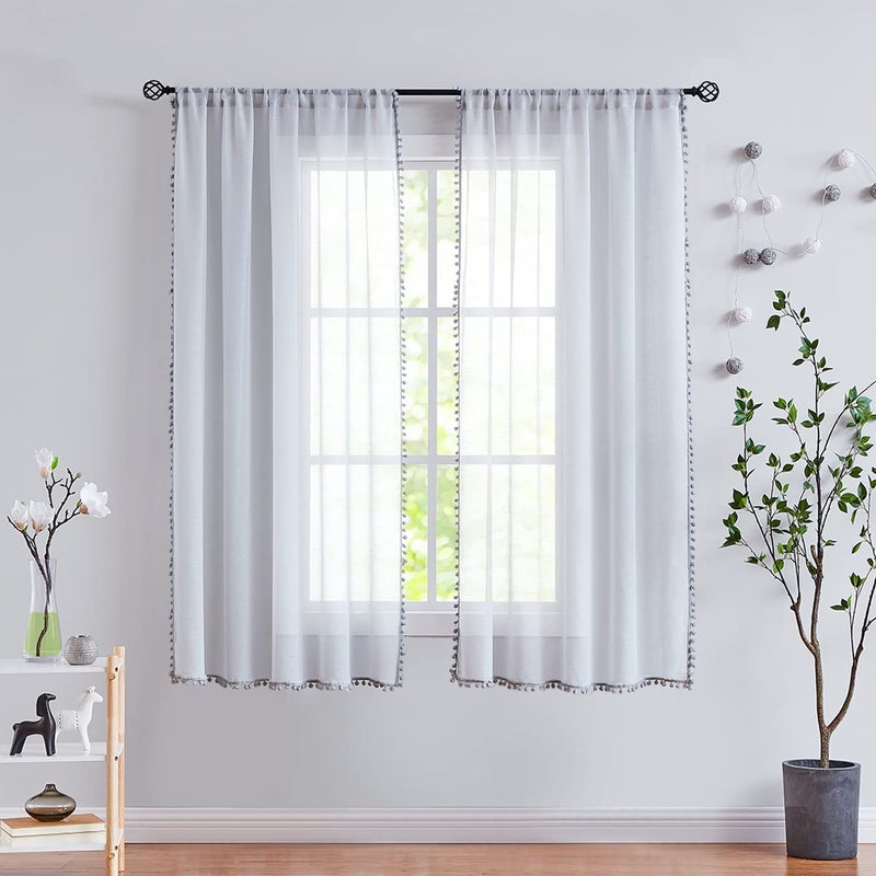 Treatmentex Pom-Pom Grey Sheer Curtains for Bedroom 63" Window Drapes Rod Pocket Textured Sheer Curtain for Kids Room 52" w 2 Panels - Image 2